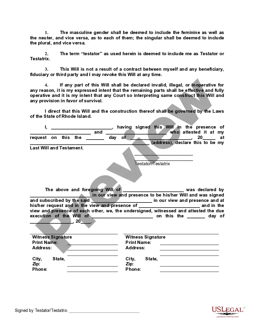 Preview Last Will and Testament with All Property to Trust called a Pour Over Will