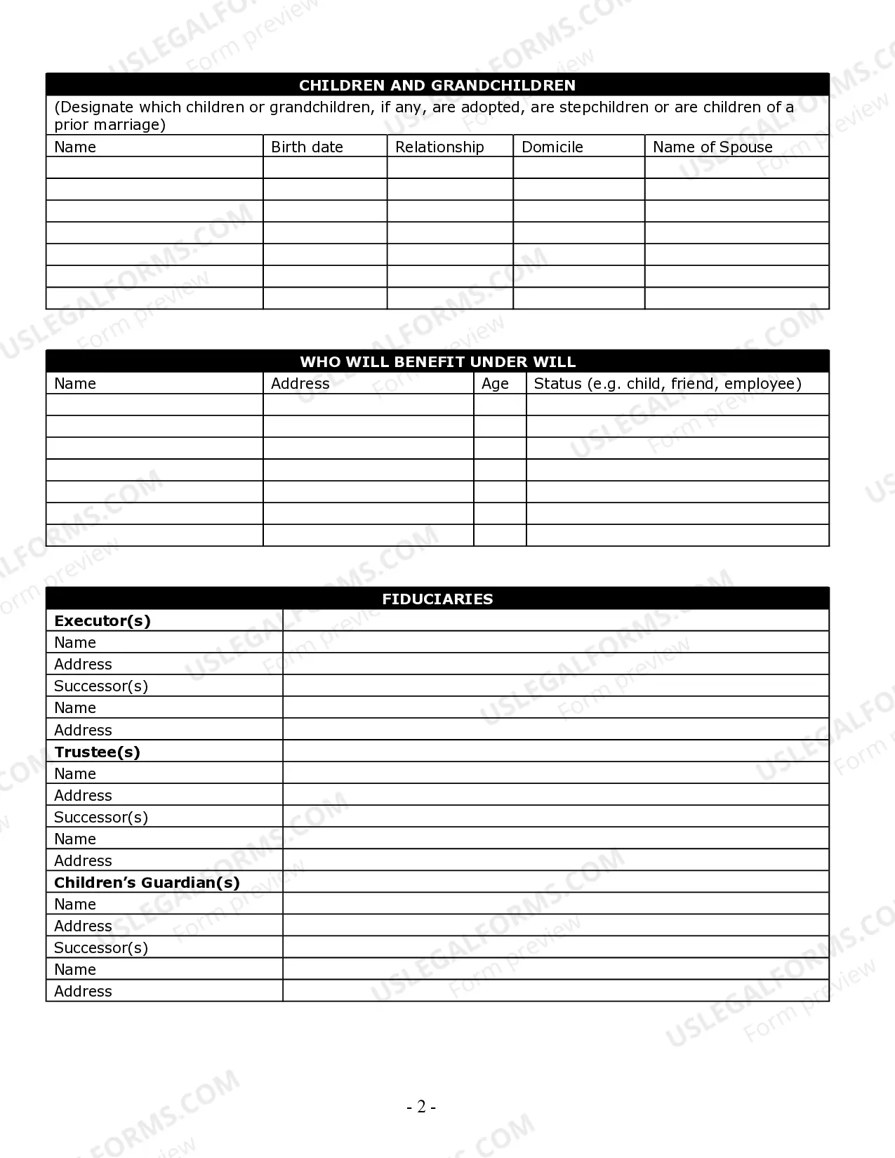 Preview Estate Planning Questionnaire and Worksheets