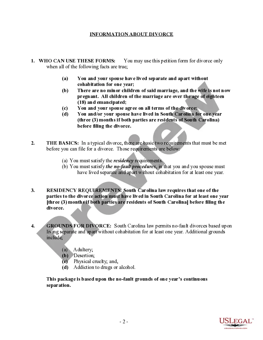 Preview South Carolina No-Fault Uncontested Agreed Divorce Package for Dissolution of Marriage with Adult Children and with or without Property and Debts