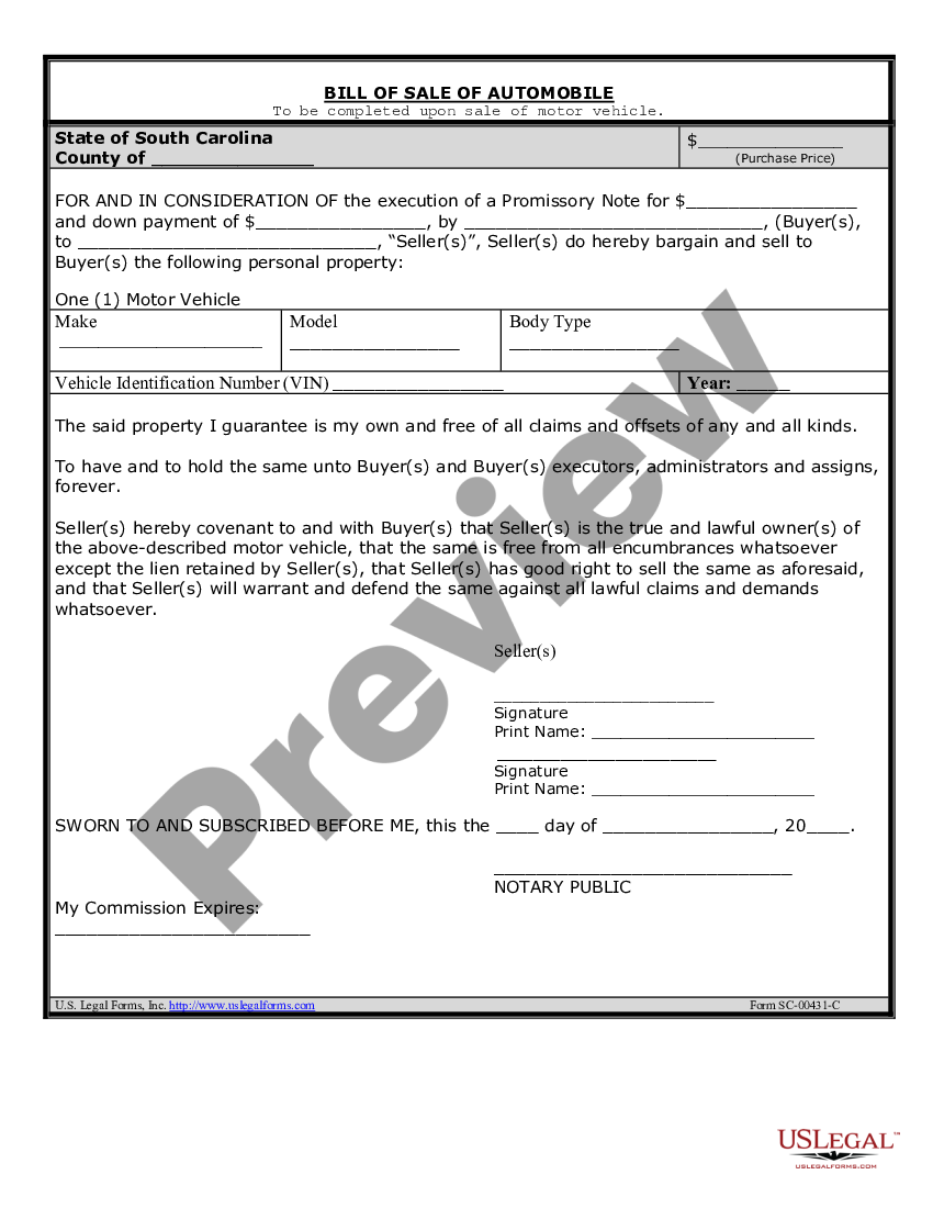 South Carolina Bill Of Sale For Automobile Or Vehicle Including Odometer Statement And 6333