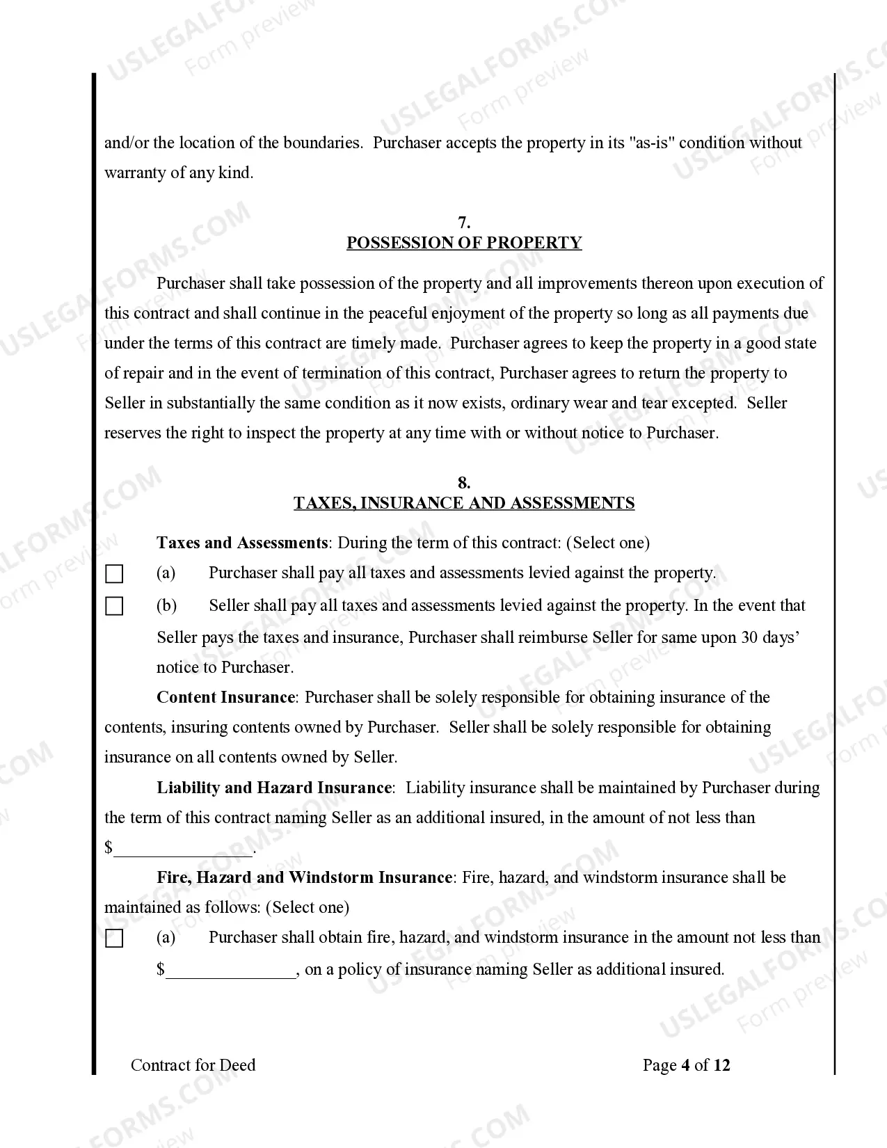 Preview Agreement or Contract for Deed for Sale and Purchase of Real Estate a/k/a Land or Executory Contract