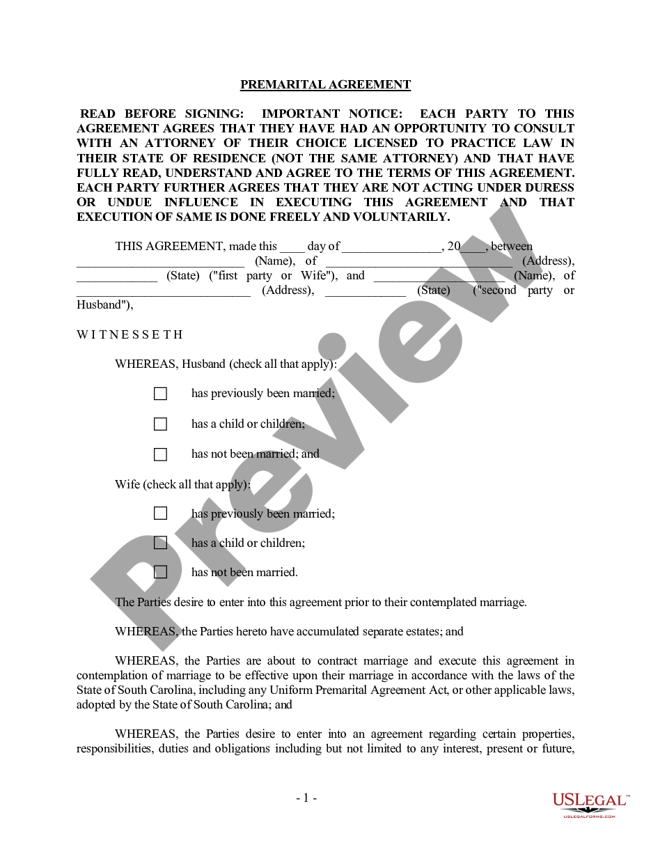 page 0 South Carolina Prenuptial Premarital Agreement without Financial Statements preview