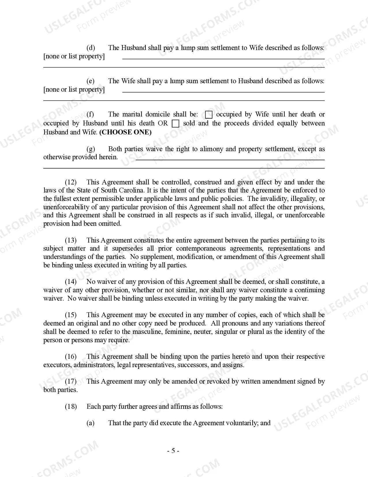 Preview South Carolina Prenuptial Premarital Agreement without Financial Statements