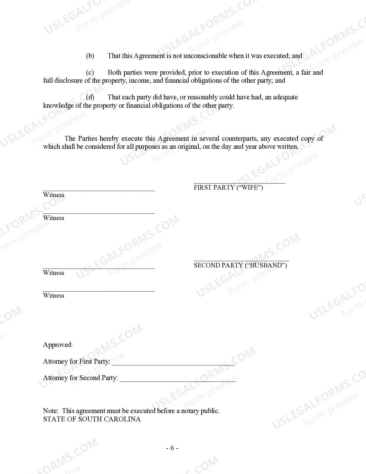 Preview South Carolina Prenuptial Premarital Agreement without Financial Statements