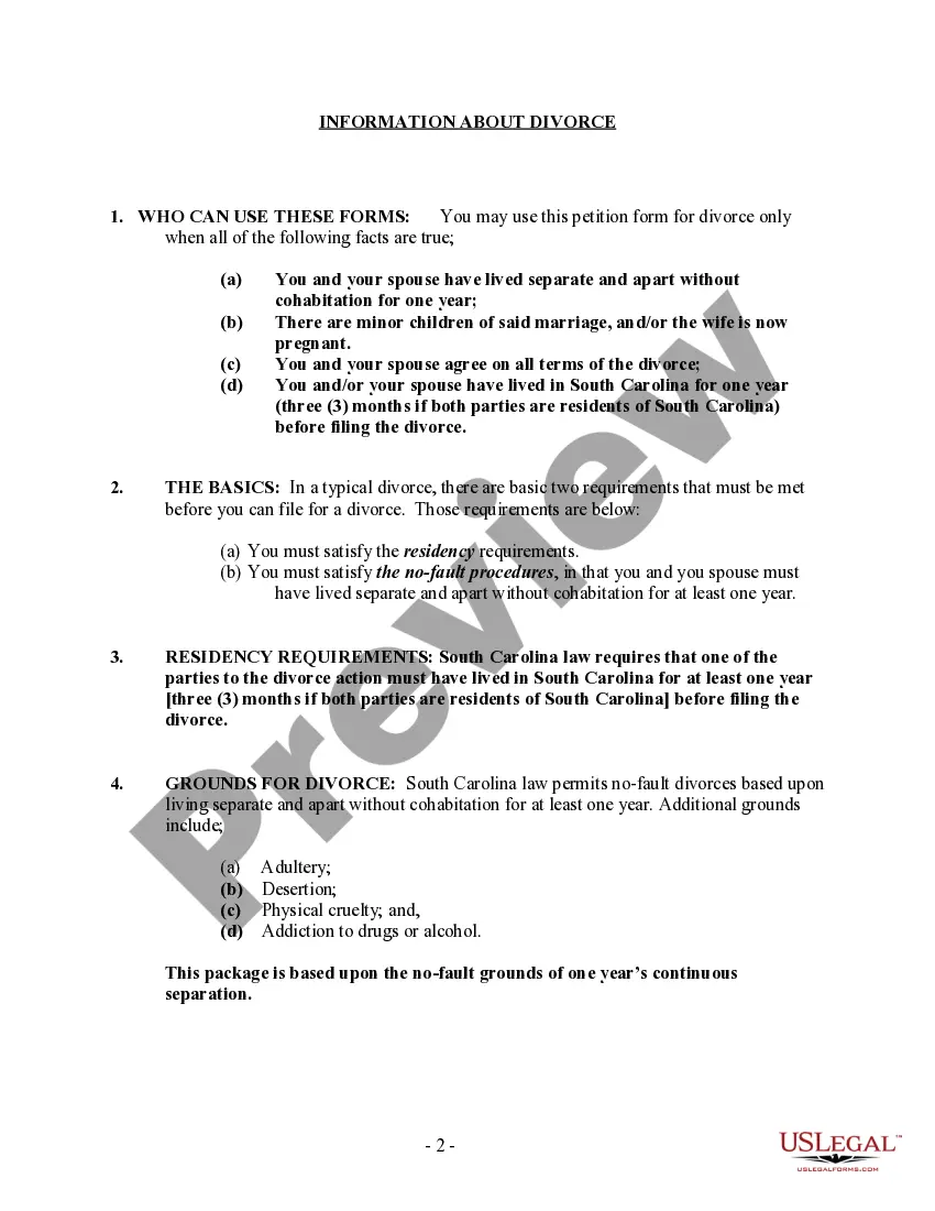 Get South Carolina No-Fault Agreed Uncontested Divorce Package for Dissolution of Marriage for people with Minor Children Preview South Carolina No-Fault Agreed Uncontested Divorce Package for Dissolution of Marriage for people with Minor Children