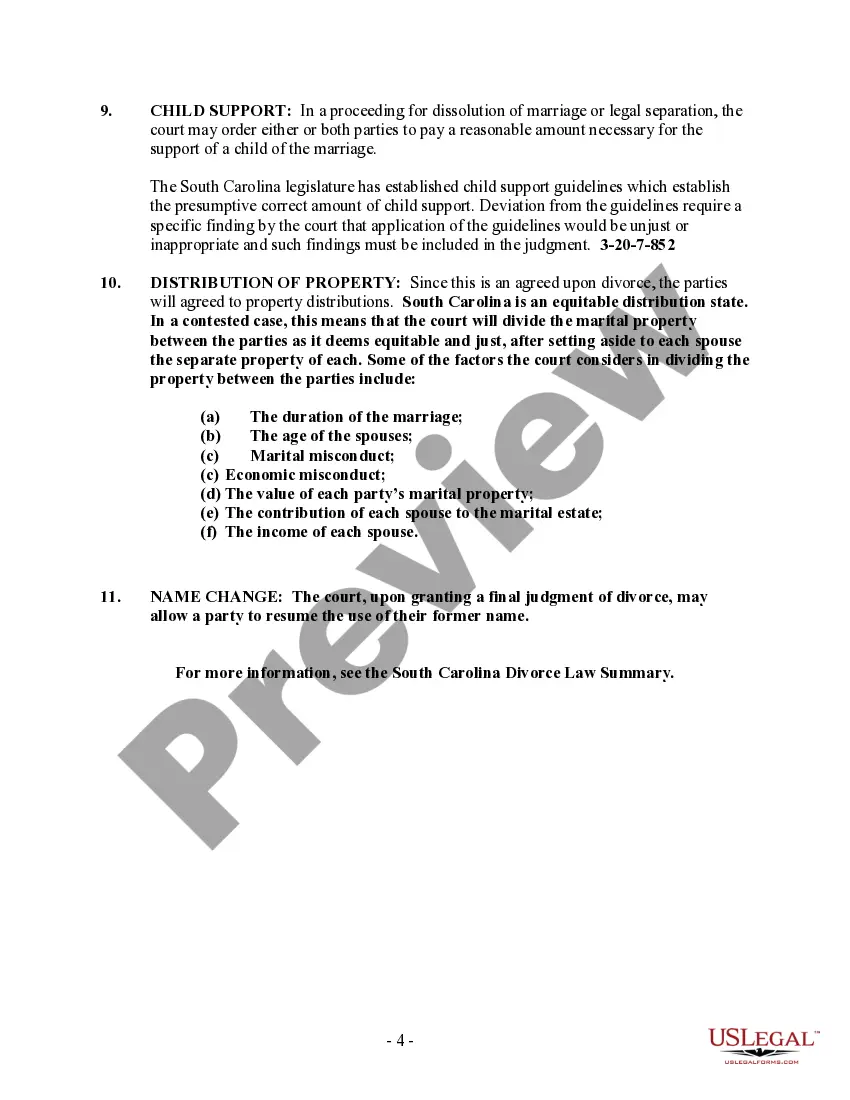 Get South Carolina No-Fault Agreed Uncontested Divorce Package for Dissolution of Marriage for people with Minor Children Preview South Carolina No-Fault Agreed Uncontested Divorce Package for Dissolution of Marriage for people with Minor Children
