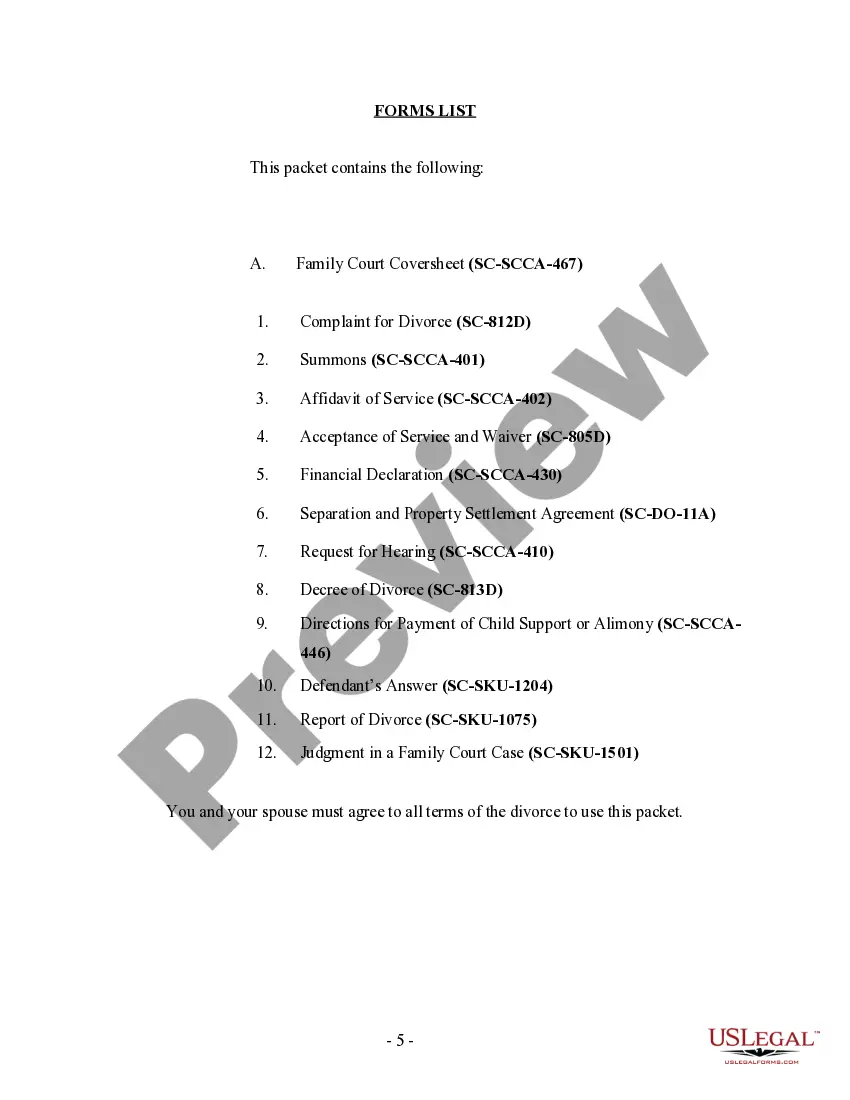 Get South Carolina No-Fault Agreed Uncontested Divorce Package for Dissolution of Marriage for people with Minor Children Preview South Carolina No-Fault Agreed Uncontested Divorce Package for Dissolution of Marriage for people with Minor Children