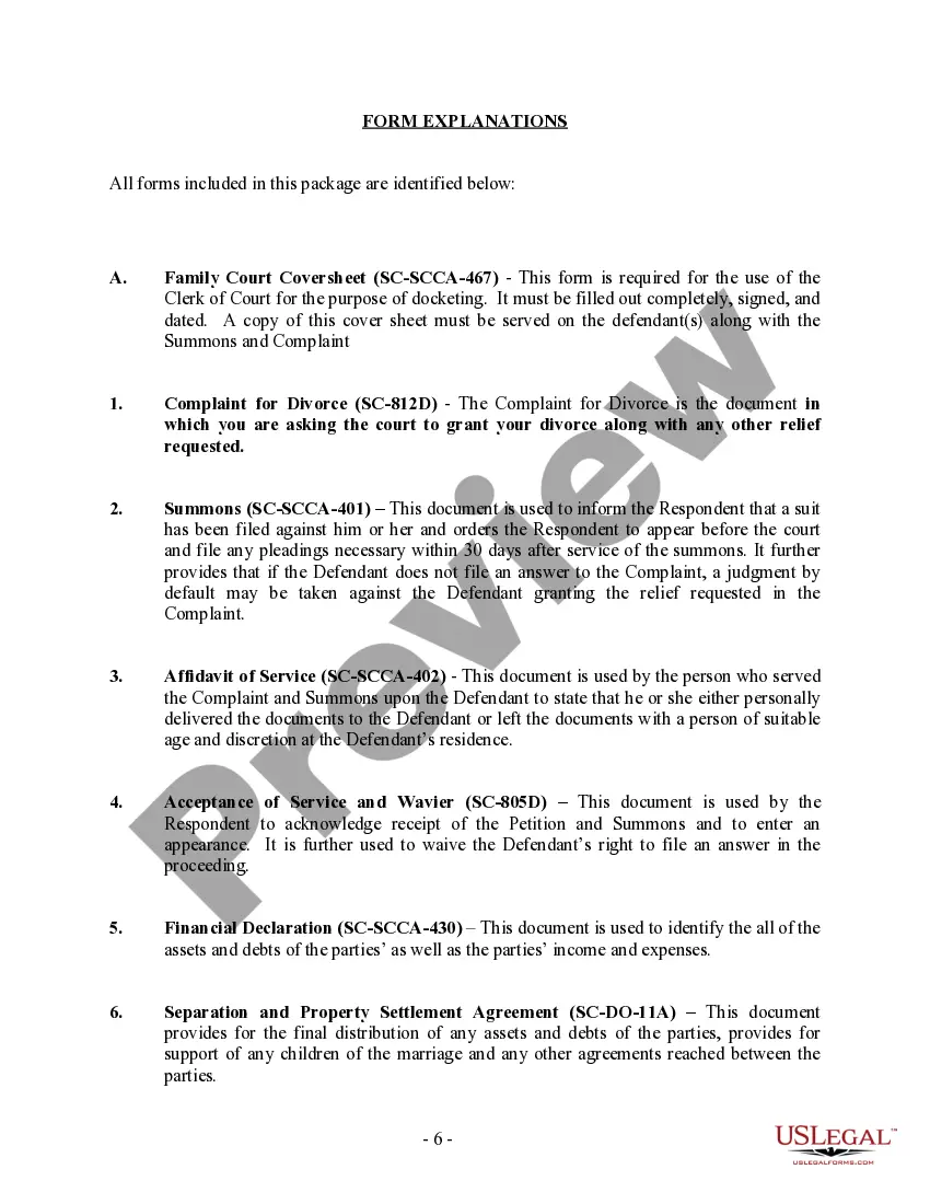 Get South Carolina No-Fault Agreed Uncontested Divorce Package for Dissolution of Marriage for people with Minor Children Preview South Carolina No-Fault Agreed Uncontested Divorce Package for Dissolution of Marriage for people with Minor Children