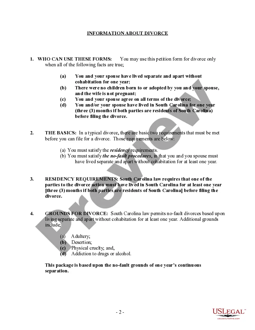 Preview South Carolina No-Fault Agreed Uncontested Divorce Package for Dissolution of Marriage for Persons with No Children with or without Property and Debts