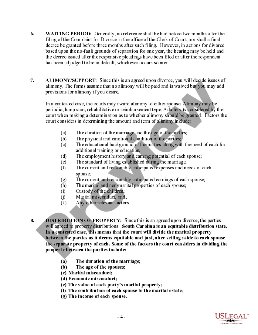 Preview South Carolina No-Fault Agreed Uncontested Divorce Package for Dissolution of Marriage for Persons with No Children with or without Property and Debts