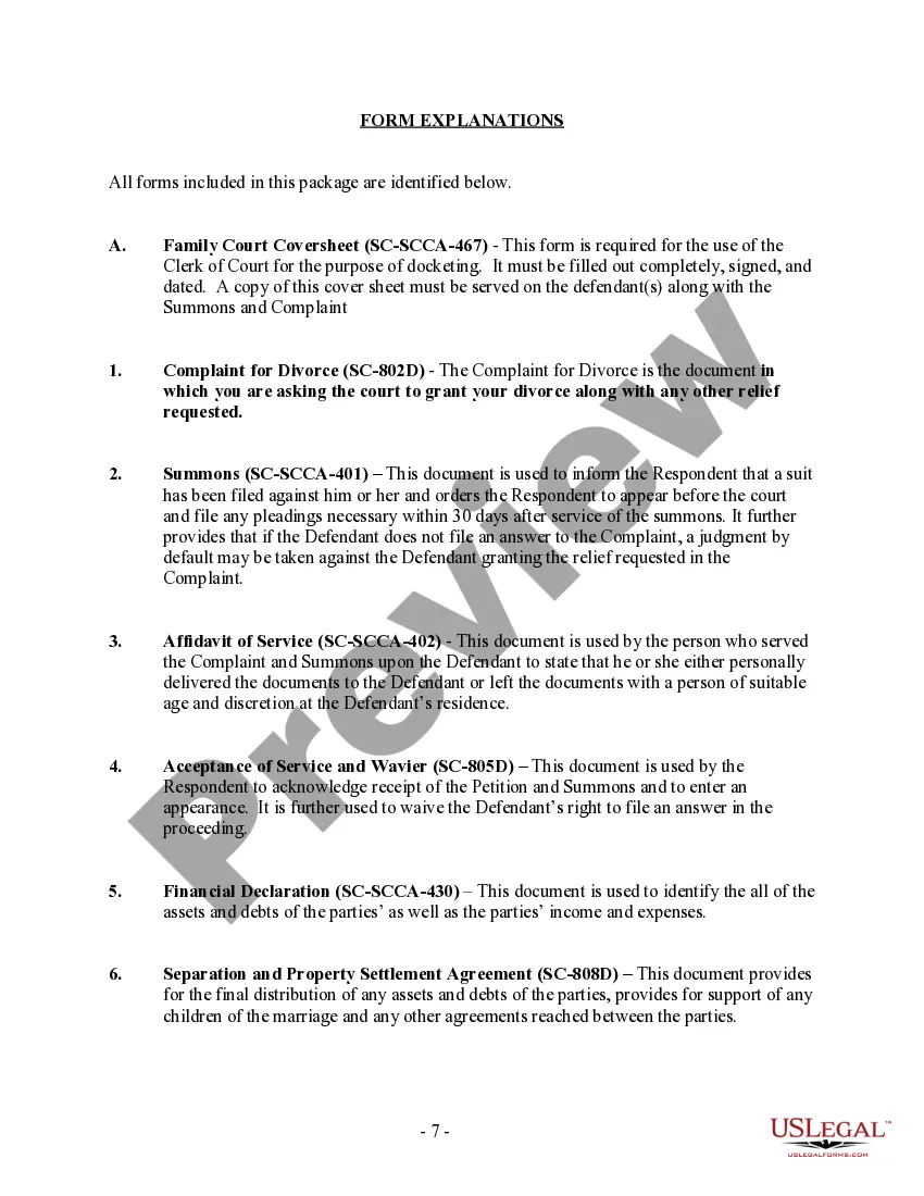 Preview South Carolina No-Fault Agreed Uncontested Divorce Package for Dissolution of Marriage for Persons with No Children with or without Property and Debts