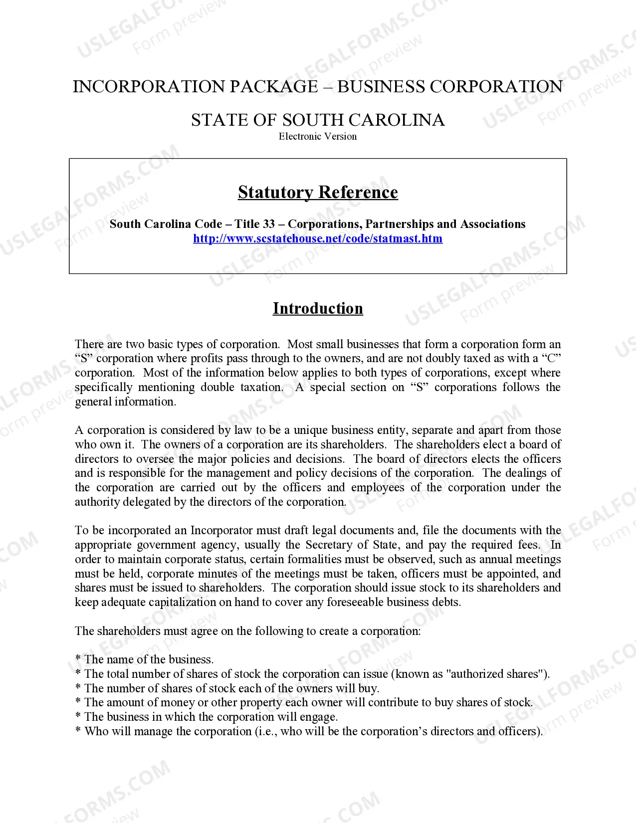 Preview South Carolina Business Incorporation Package to Incorporate Corporation