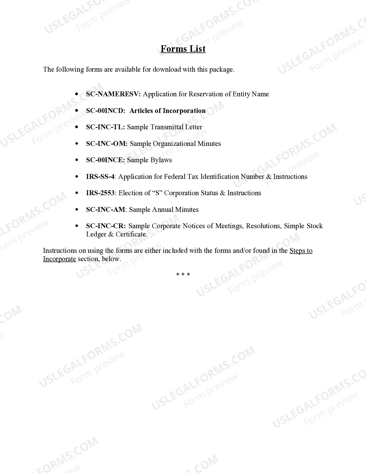 Preview South Carolina Business Incorporation Package to Incorporate Corporation