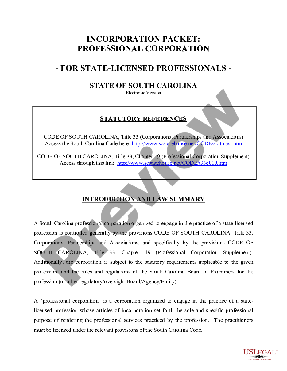 page 0 Professional Corporation Package for South Carolina preview