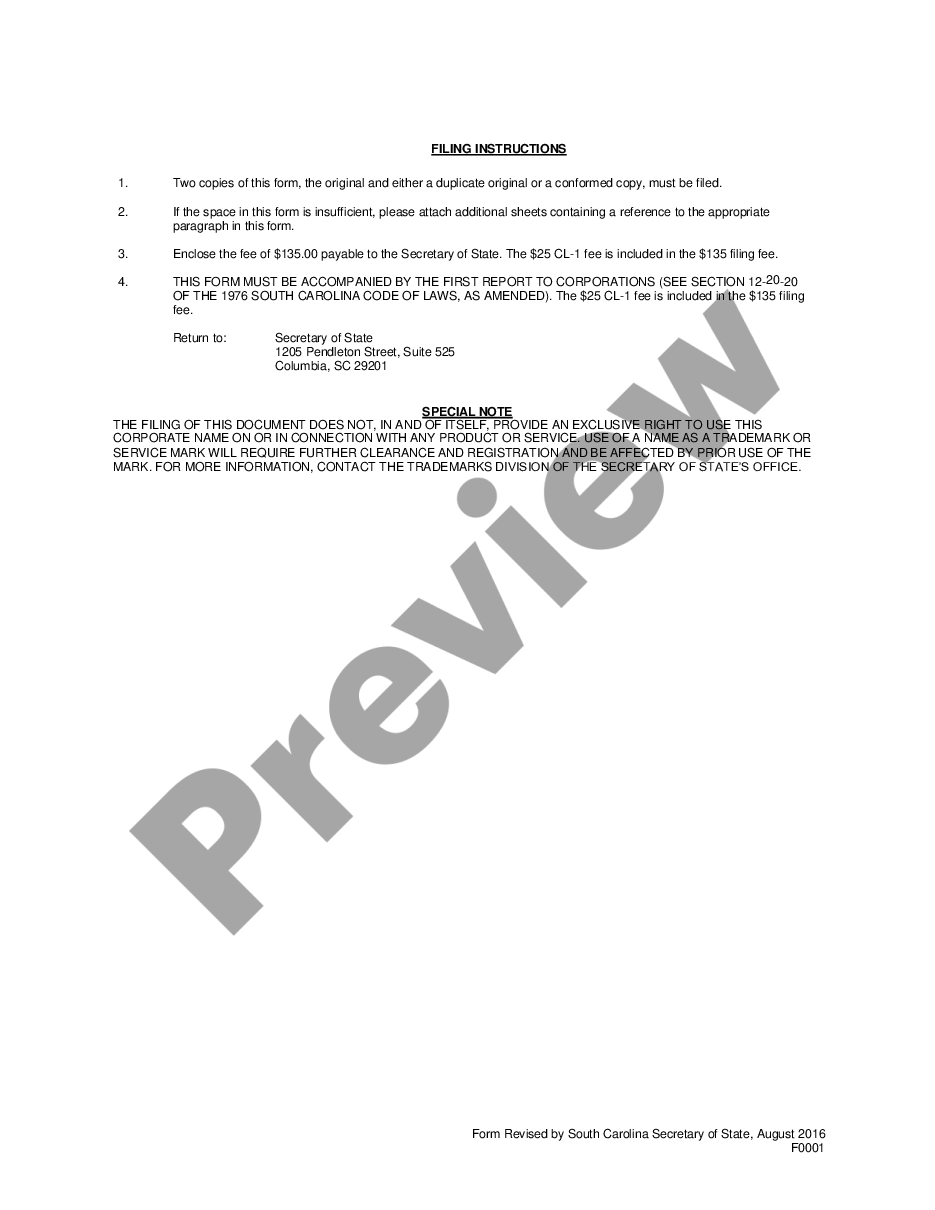 page 3 South Carolina Articles of Incorporation for Domestic For-Profit Corporation preview