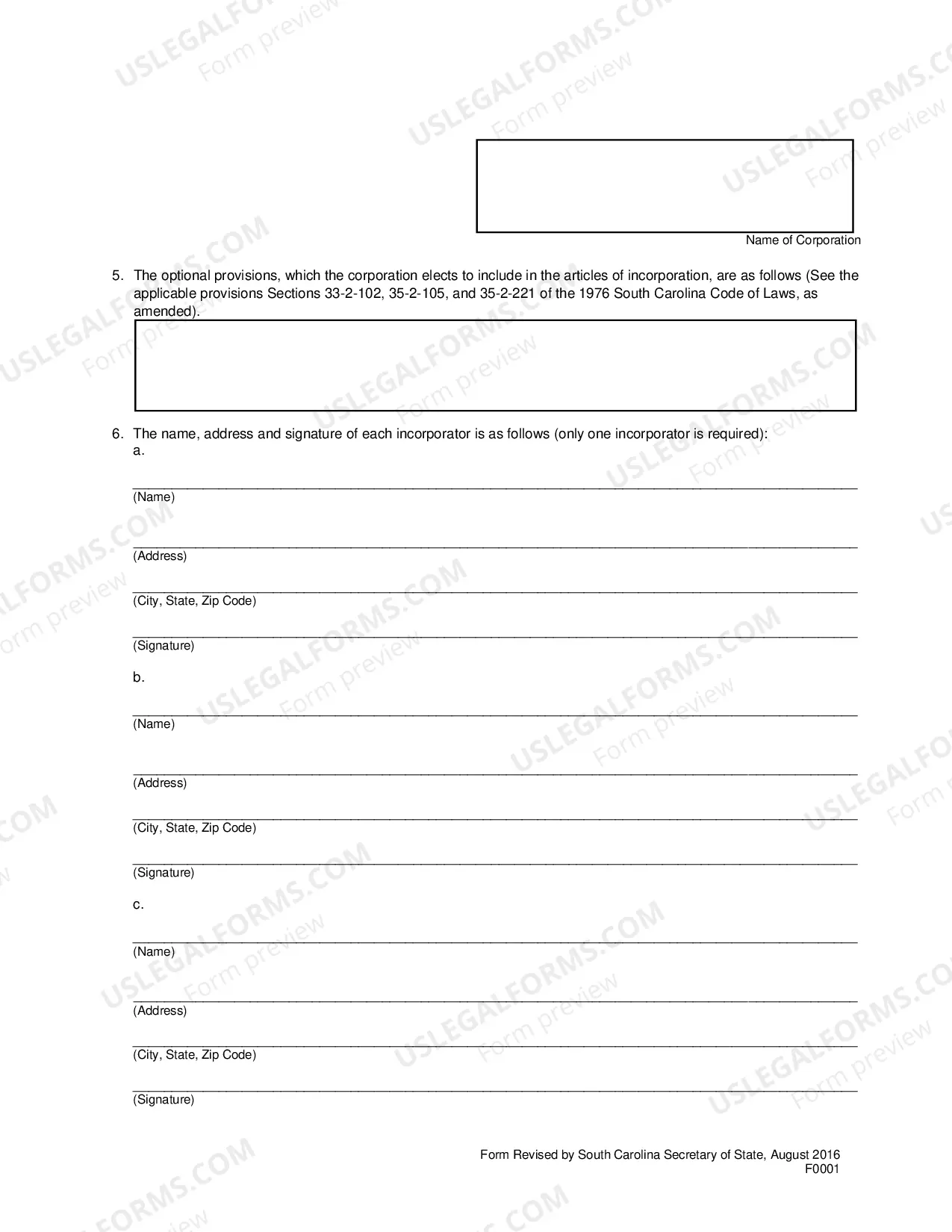 Preview South Carolina Articles of Incorporation for Domestic For-Profit Corporation
