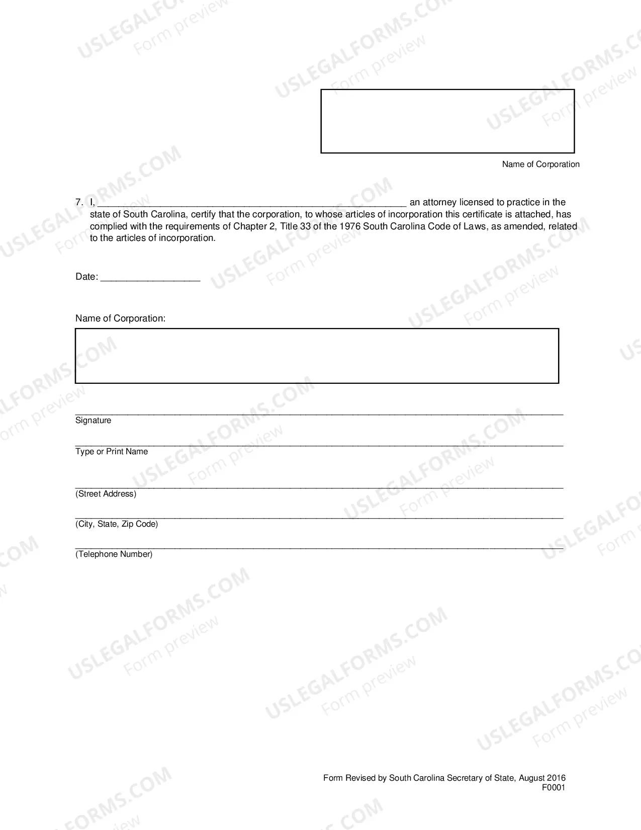 Preview South Carolina Articles of Incorporation for Domestic For-Profit Corporation