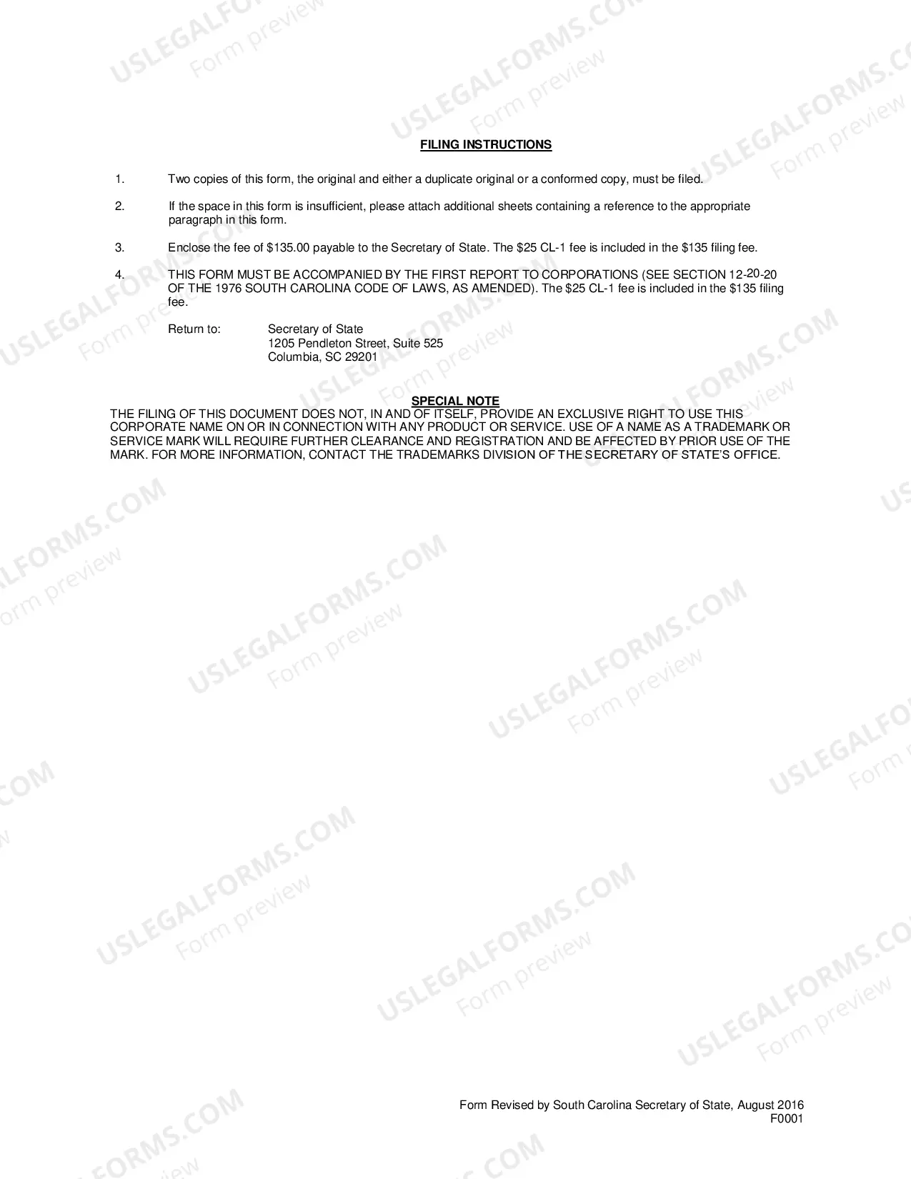 Preview South Carolina Articles of Incorporation for Domestic For-Profit Corporation
