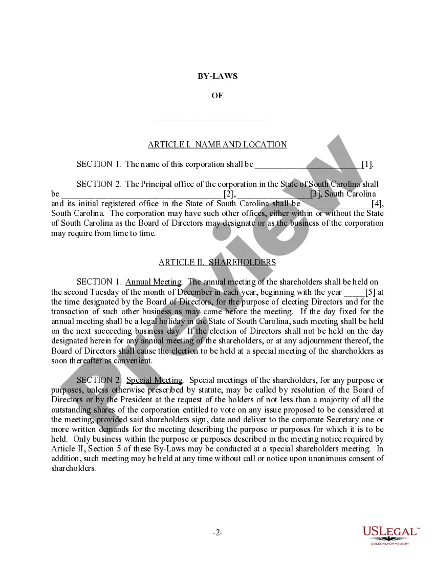 Get South Carolina Bylaws for Corporation Preview South Carolina Bylaws for Corporation