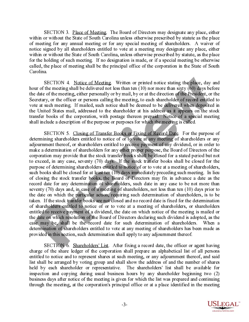 Get South Carolina Bylaws for Corporation Preview South Carolina Bylaws for Corporation