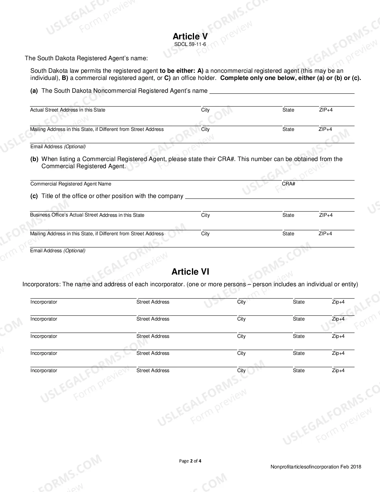 Preview South Carolina Articles of Incorporation for Domestic Nonprofit Corporation