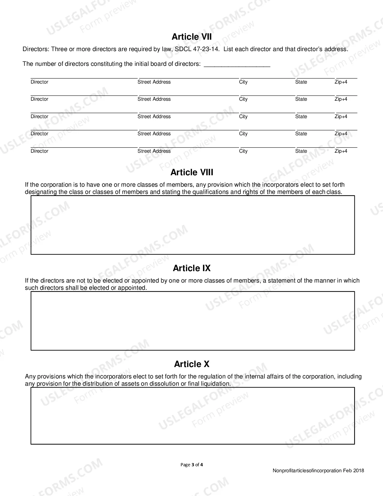 Preview South Carolina Articles of Incorporation for Domestic Nonprofit Corporation