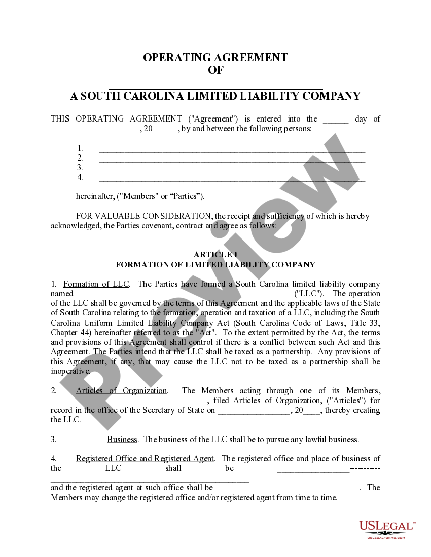 South Carolina Limited Liability Company LLC Operating Agreement Sc