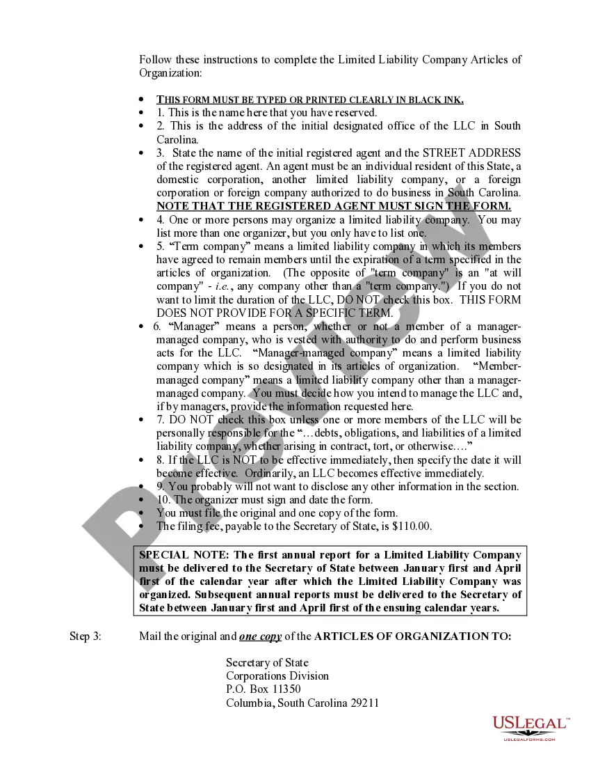 Preview South Carolina Limited Liability Company LLC Formation Package