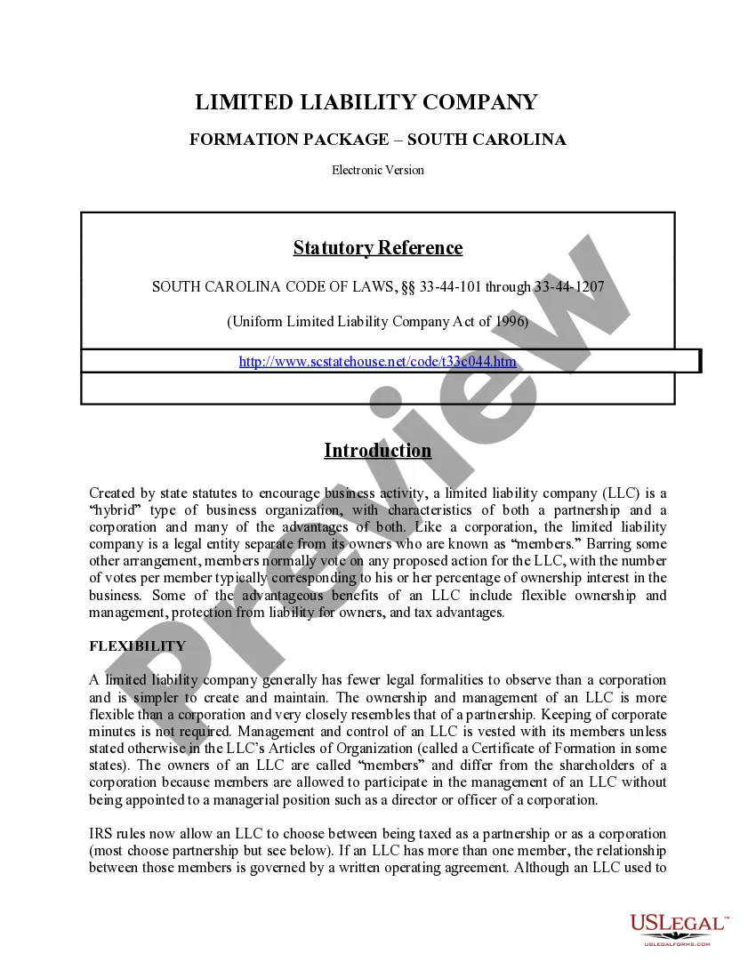 Preview South Carolina Limited Liability Company LLC Formation Package
