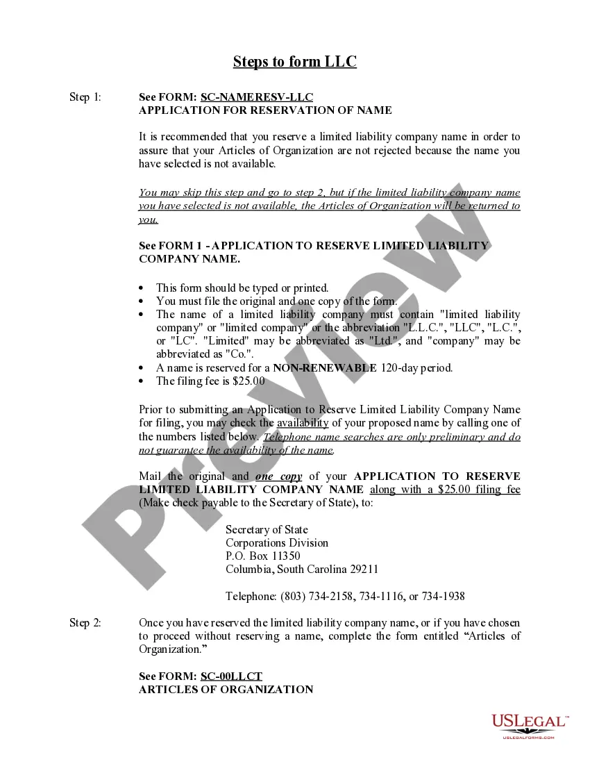 Preview South Carolina Limited Liability Company LLC Formation Package
