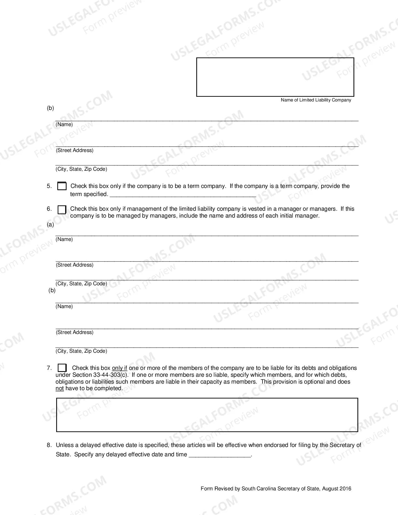 Preview South Carolina Articles of Organization for Domestic Limited Liability Company LLC