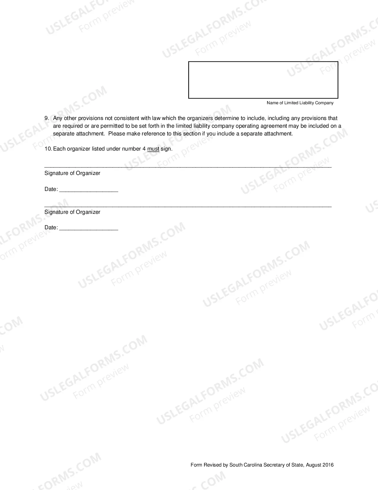 Preview South Carolina Articles of Organization for Domestic Limited Liability Company LLC