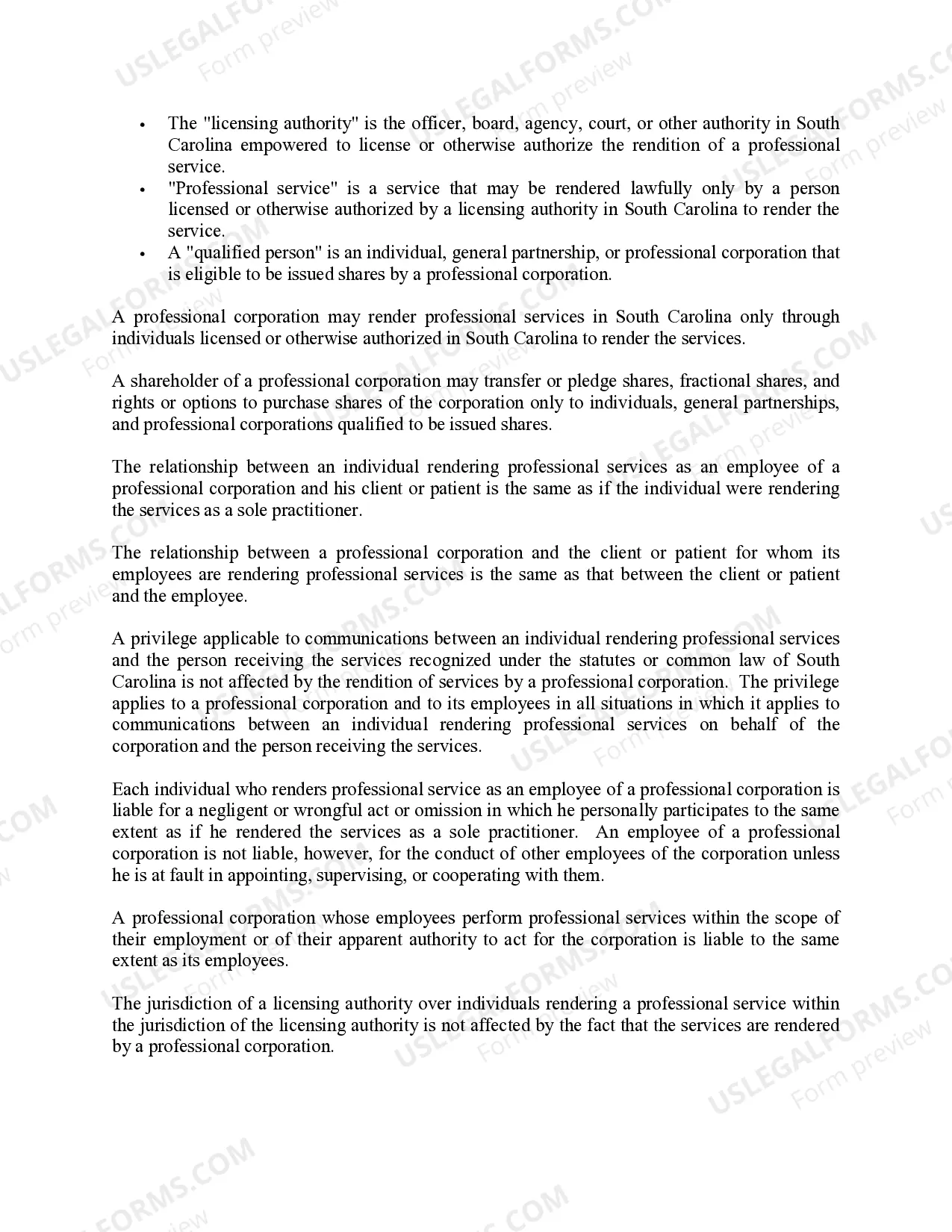 Preview South Carolina Professional Limited Liability Company PLLC Formation Package