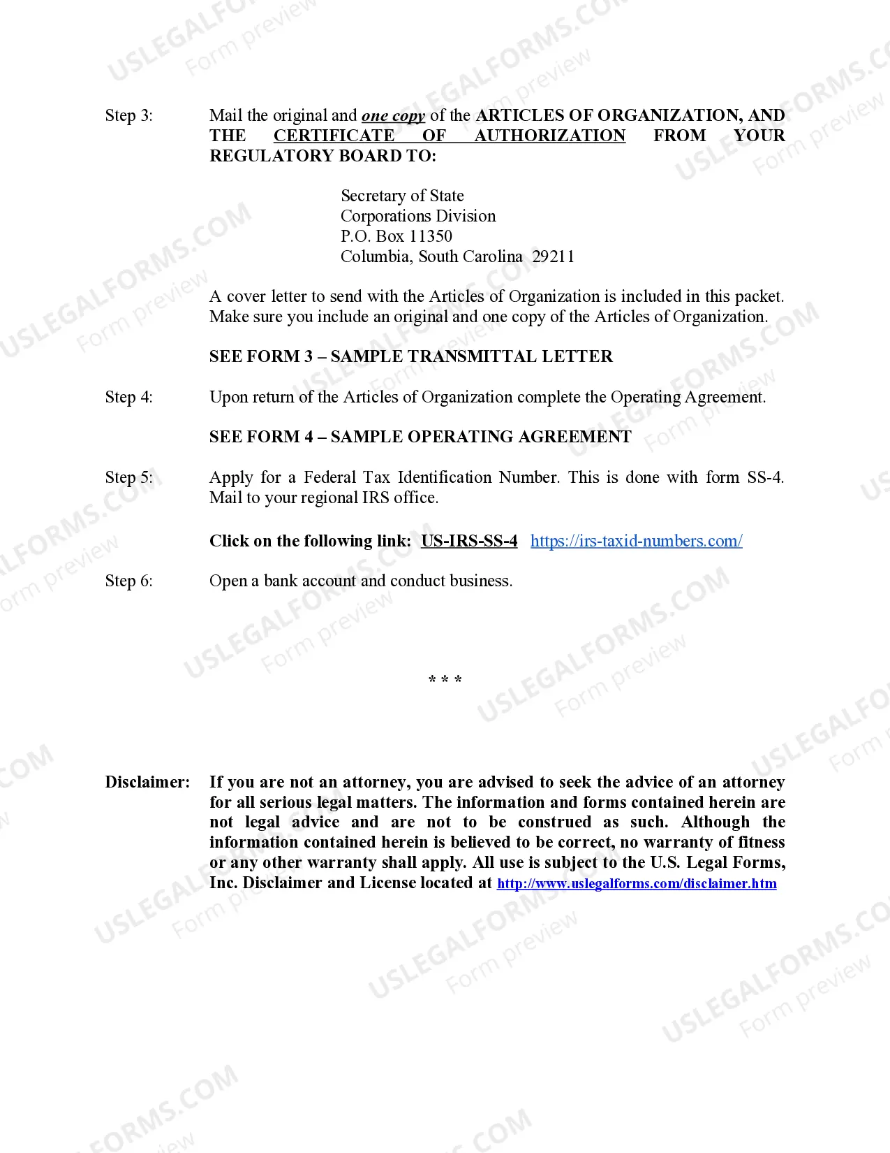 Preview South Carolina Professional Limited Liability Company PLLC Formation Package