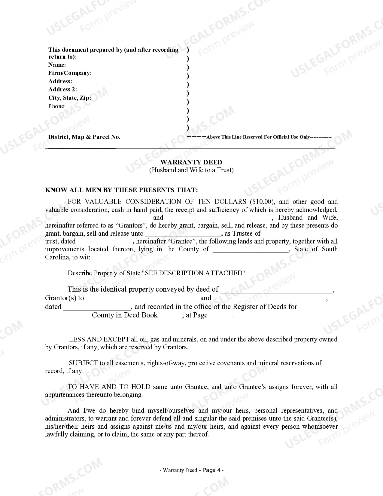 Preview Warranty Deed from Husband and Wife to a Trust