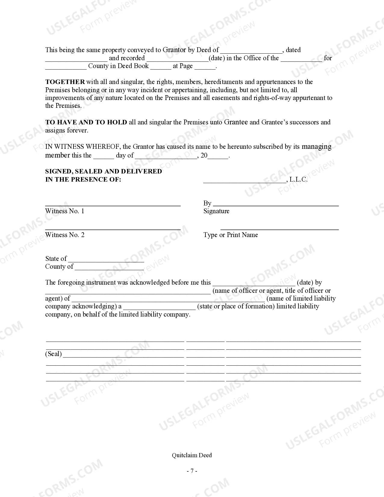 Preview Quitclaim Deed - Limited Liability Company to Limited Liability Company