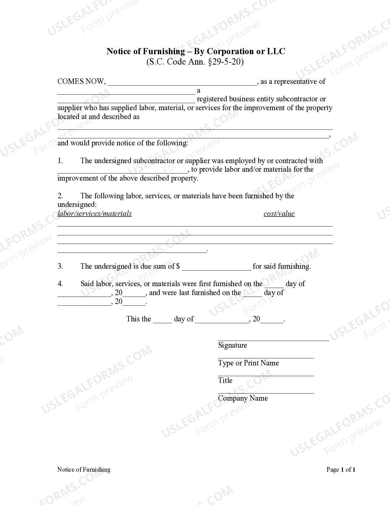 South Carolina Notice of Furnishing by Corporation or LLC Labor