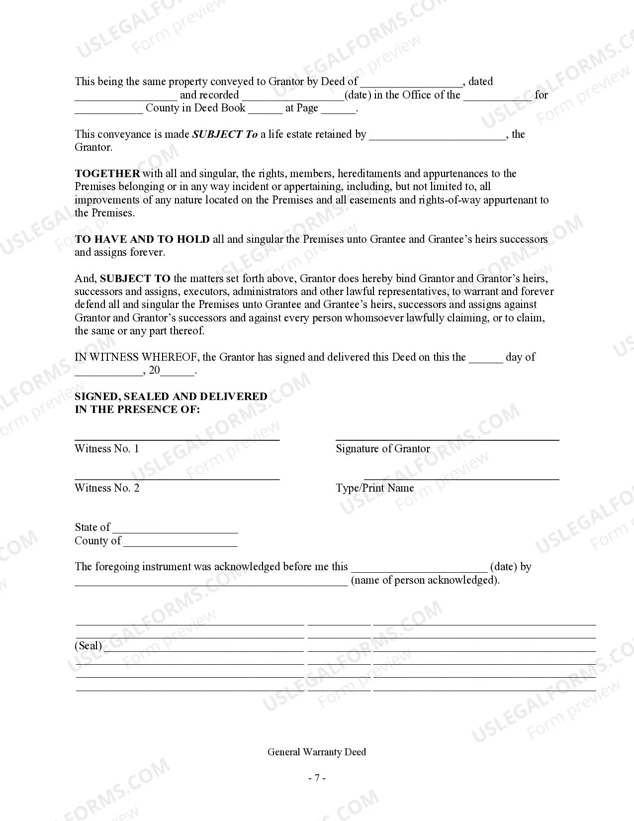 Preview Warranty Deed - Individual to Individual with a Retained Life Estate in Grantor