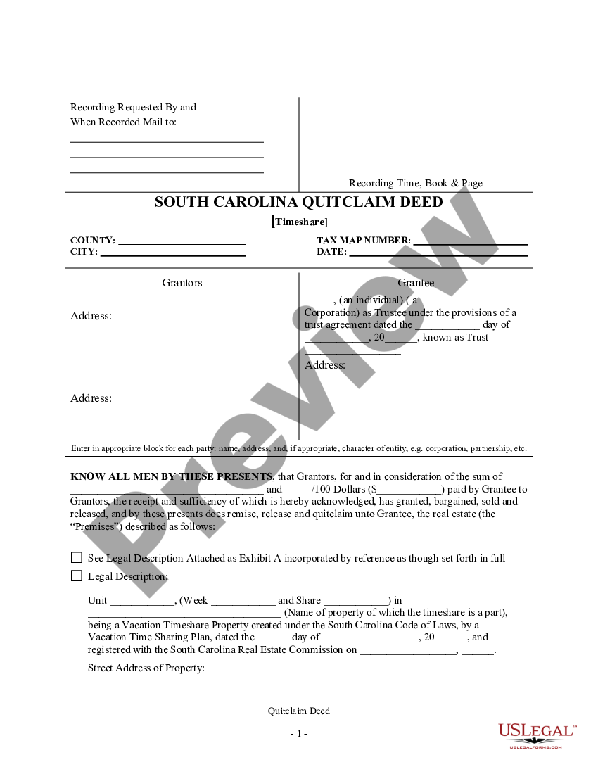 South Carolina Quitclaim Deed Timeshare Quit Claim Deed Sc Us Legal Forms 3804