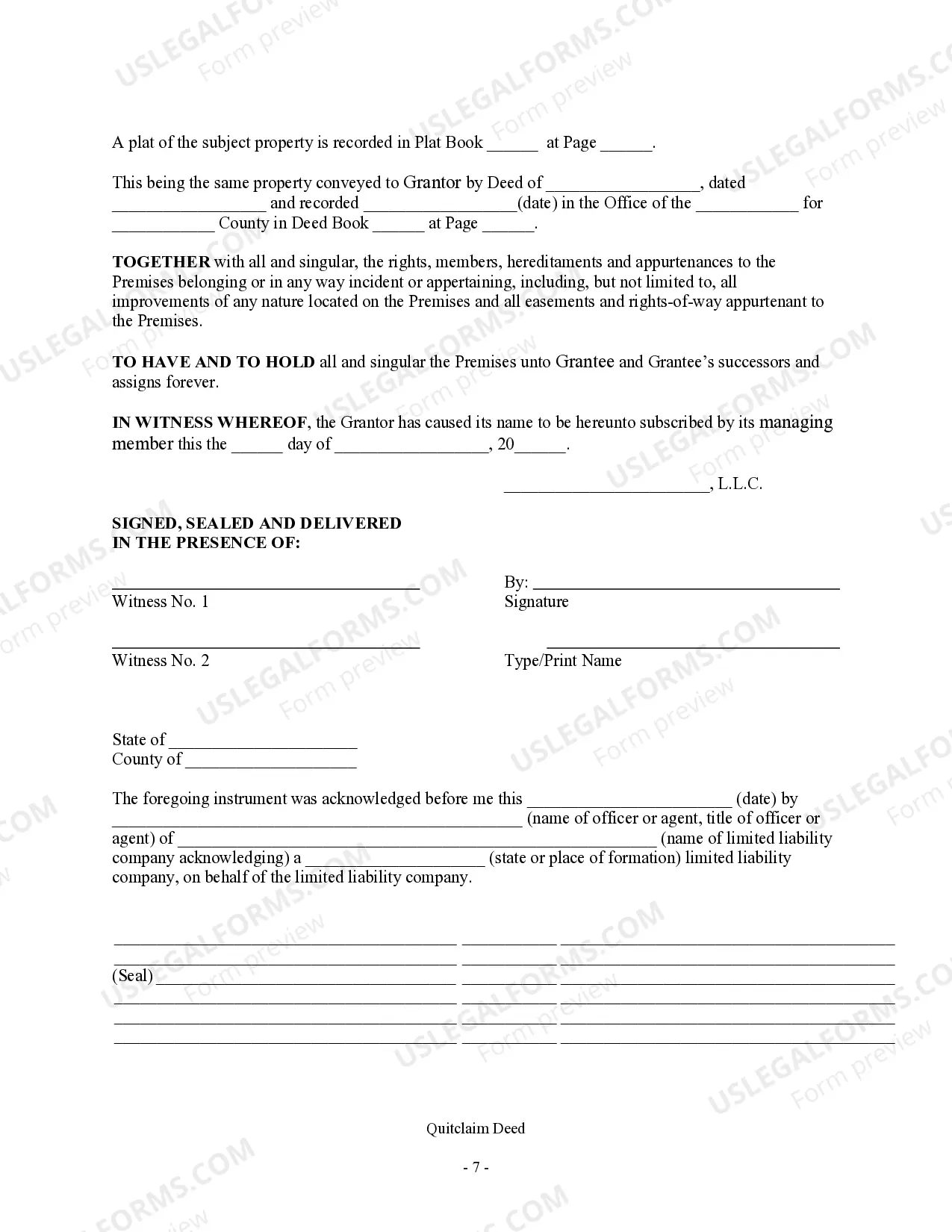 Preview Quitclaim Deed from Limited Liability Company to Limited Liability Company