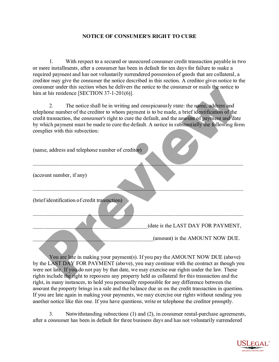 page 0 Notice of Consumer's Right to Cure Default preview
