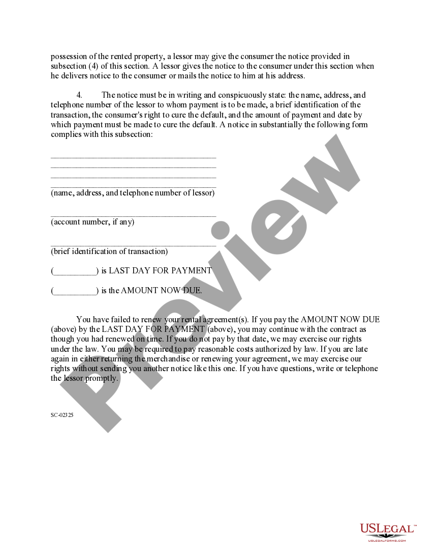 South Carolina Notice Of Consumer s Right To Cure Default Right To 