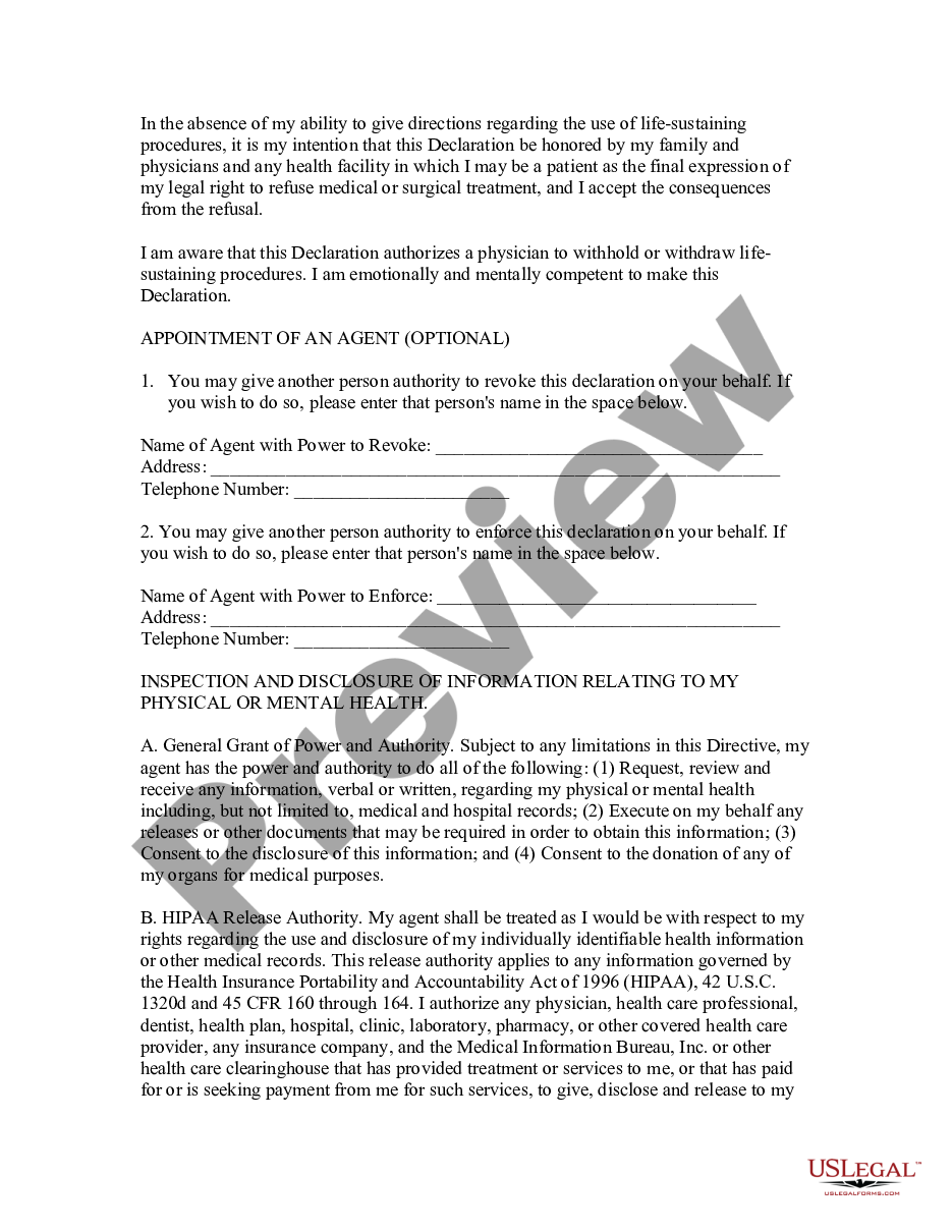 page 1 Declaration of Desire of Natural Death - Similar to Living Will preview