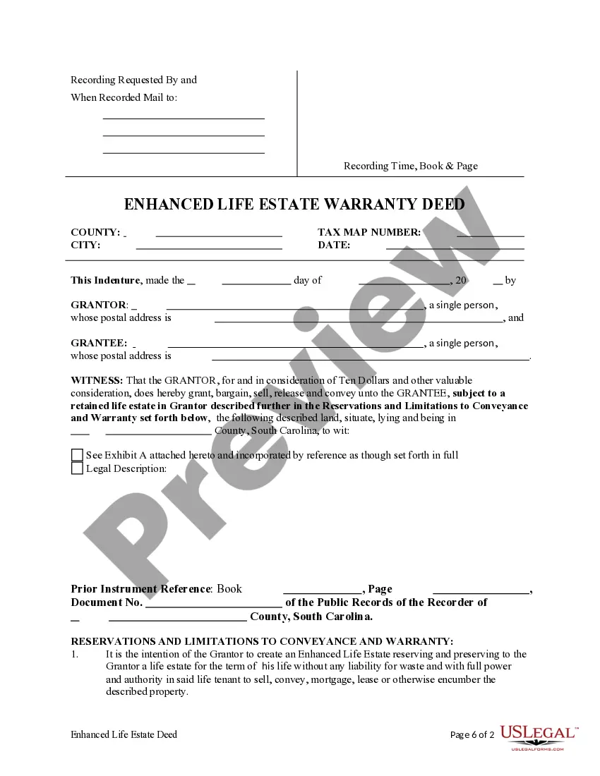 Preview Enhanced Life Estate or Lady Bird Warranty Deed from Individual to Individual