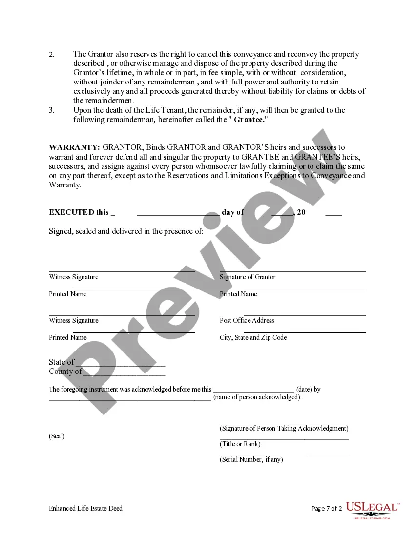 Preview Enhanced Life Estate or Lady Bird Warranty Deed from Individual to Individual