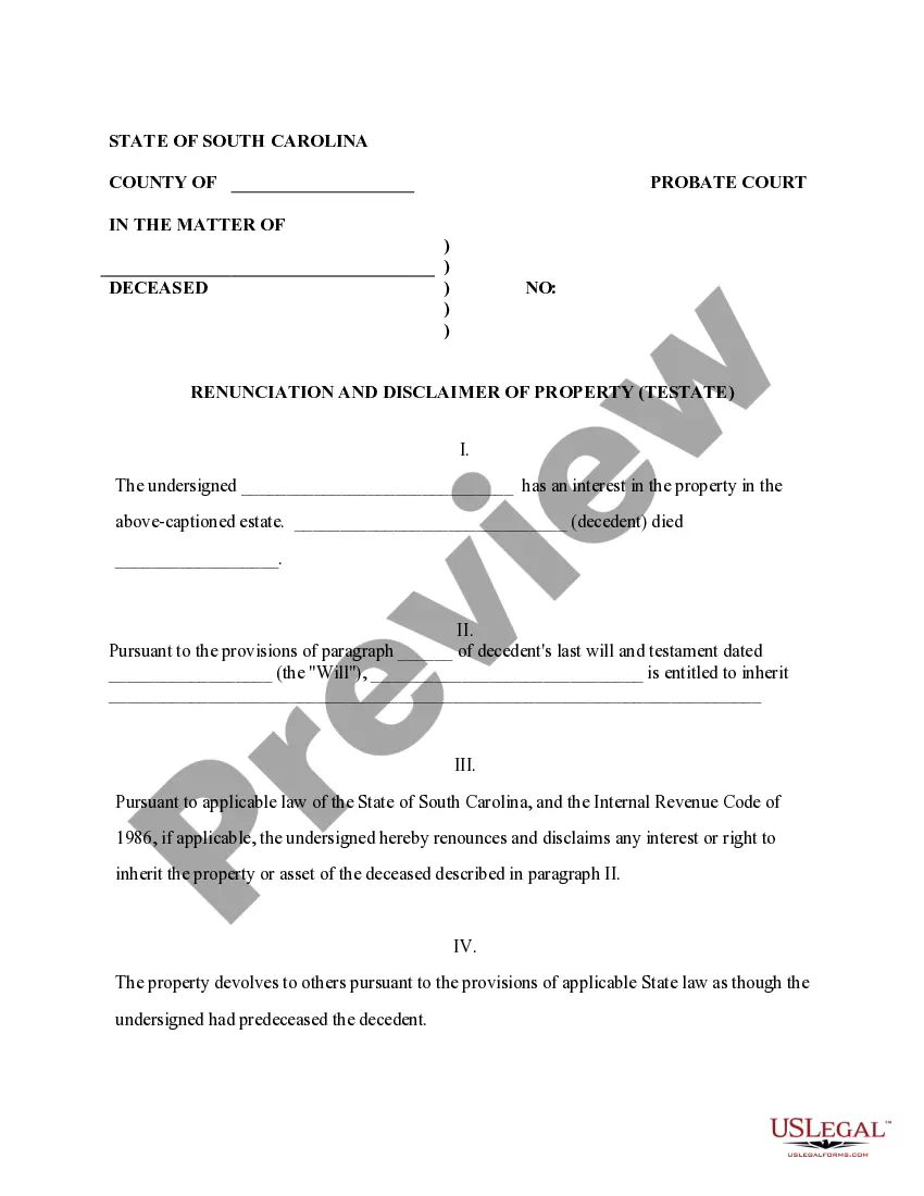 Get Renunciation And Disclaimer of Property from Will by Testate Preview Renunciation And Disclaimer of Property from Will by Testate