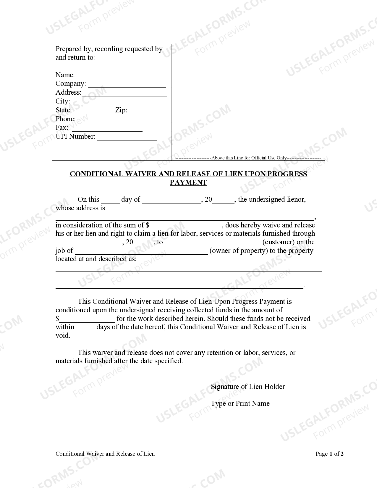 South Carolina Conditional Waiver and Release of Claim of Lien Upon  Progress Payment