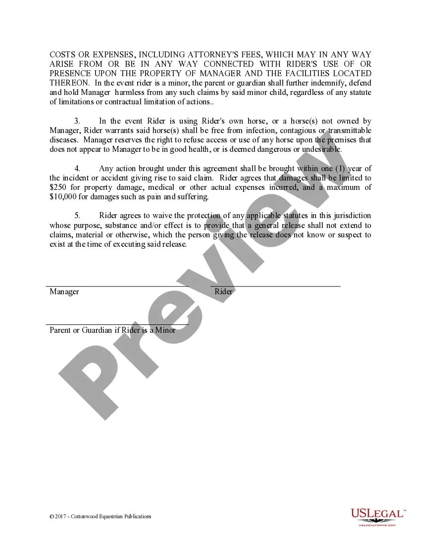 Preview Release of Liability Parent Minor - Horse Equine Forms