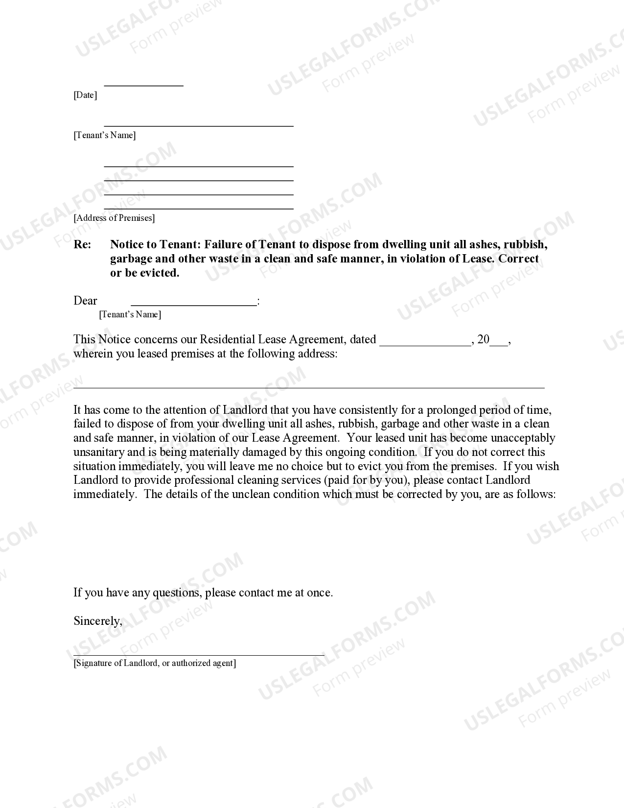 South Carolina Letter from Landlord to Tenant for Failure of to dispose