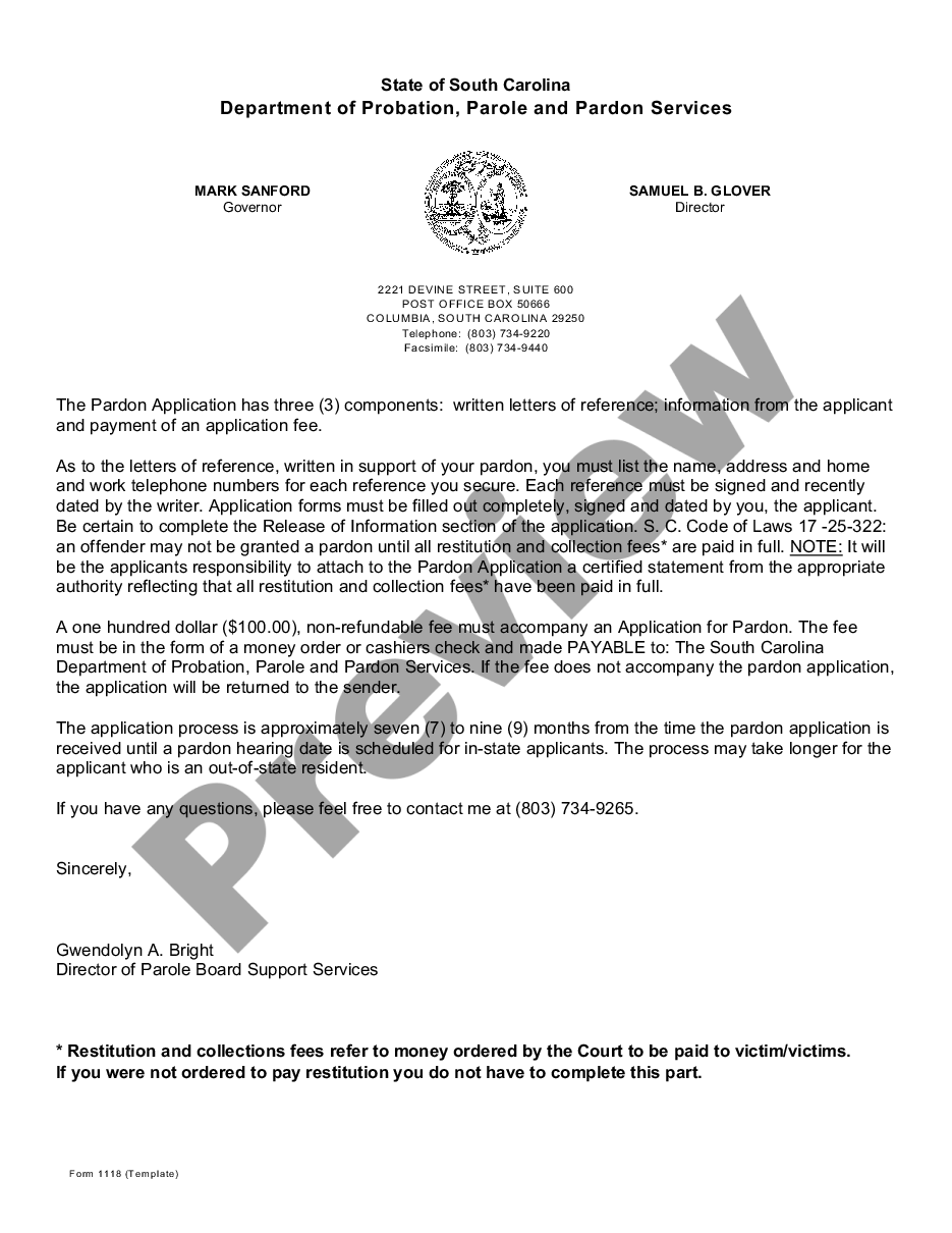 South Carolina Pardon Application Package Pardon Letter For Felony Us Legal Forms 4946